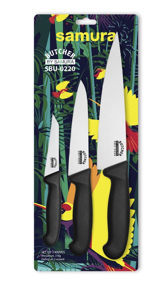 Laden Sie das Bild in Galerie -Viewer, SAMURA - BUTCHER 3-teiliges Küchenmesser-Set: Schälmesser, Allzweckmesser, Kochmesser - SBU-0220