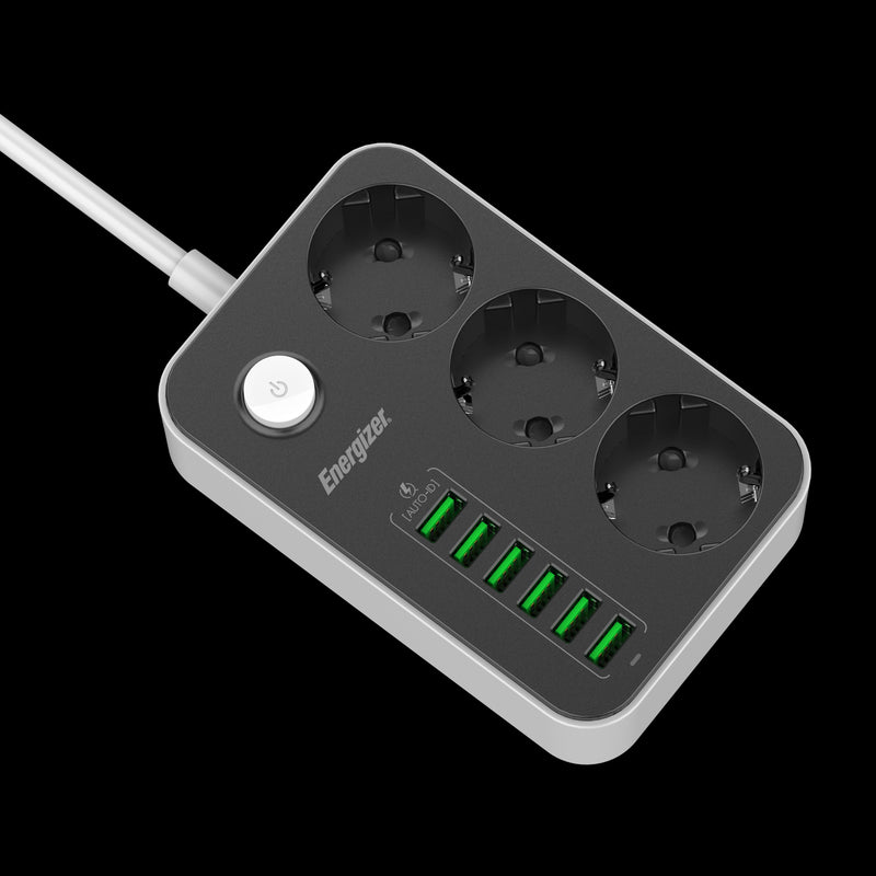 Laden Sie das Bild in Galerie -Viewer, Energizer EPB2500W01EU - 3-fach-Wechselstrom- und 6-fach-USB-Steckdosenleiste mit Überspannungsschutz und 2 m langem Kabel