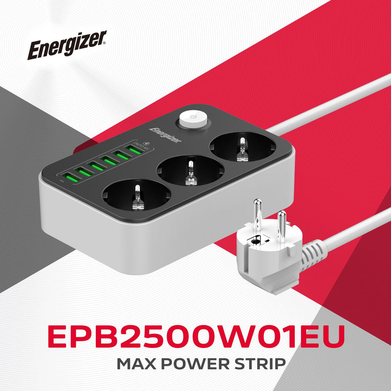 Laden Sie das Bild in Galerie -Viewer, Energizer EPB2500W01EU - 3-fach-Wechselstrom- und 6-fach-USB-Steckdosenleiste mit Überspannungsschutz und 2 m langem Kabel