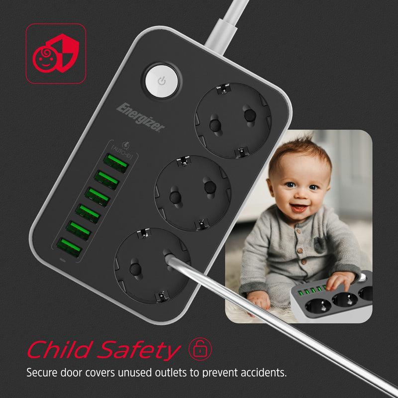 Laden Sie das Bild in Galerie -Viewer, Energizer EPB2500W01EU - 3-fach-Wechselstrom- und 6-fach-USB-Steckdosenleiste mit Überspannungsschutz und 2 m langem Kabel