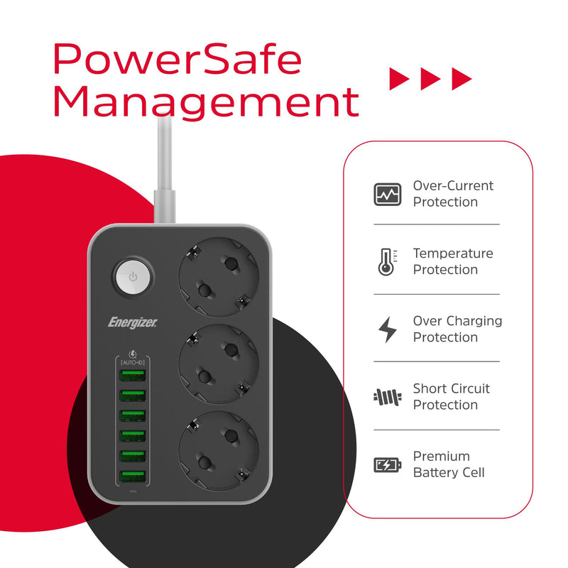 Laden Sie das Bild in Galerie -Viewer, Energizer EPB2500W01EU - 3-fach-Wechselstrom- und 6-fach-USB-Steckdosenleiste mit Überspannungsschutz und 2 m langem Kabel