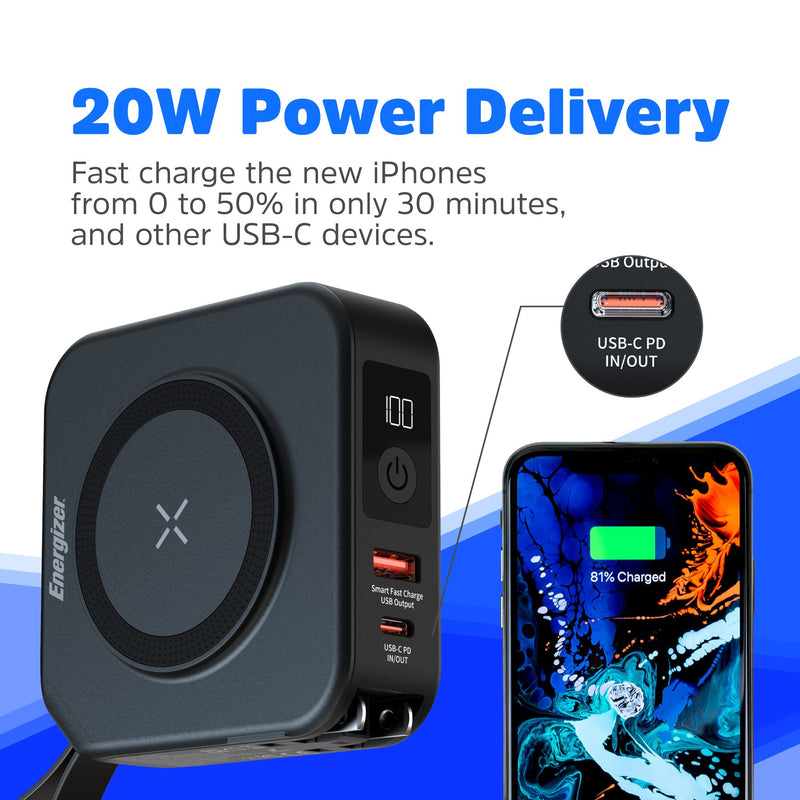 Laden Sie das Bild in Galerie -Viewer, Energizer QM10001AC - 10K magnetische kabellose Powerbank mit 20 W PD, integriertem Netzstecker und 4 Ausgängen