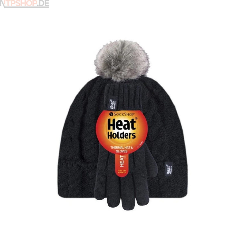 Laden Sie das Bild in Galerie -Viewer, Heat Holders Kinder Mütze mit Bommel und Handschuhe schwarz Winter warm Thermo