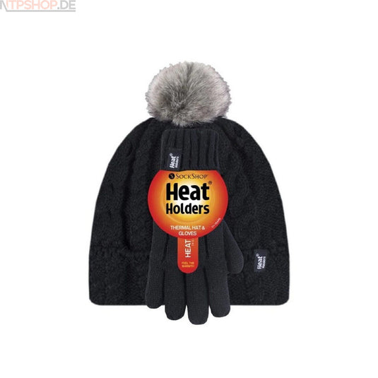 Heat Holders Kinder Mütze mit Bommel und Handschuhe schwarz Winter warm Thermo
