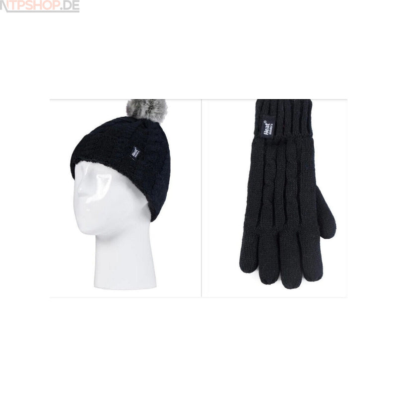 Laden Sie das Bild in Galerie -Viewer, Heat Holders Kinder Mütze mit Bommel und Handschuhe schwarz Winter warm Thermo
