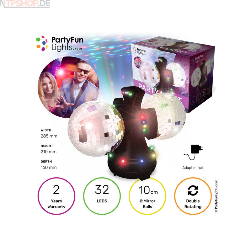 Laden Sie das Bild in Galerie -Viewer, PartyFunLights Disco-Lampe mit 2 rotierenden Spiegelkugeln und farbigem Lichteffekt - New-Tech-Products GmbH NTP NTPShop.de www.ntpshop.de www.new-tech-products.de all4living Onlineshop Online Store Gadgets Elektrogeräte