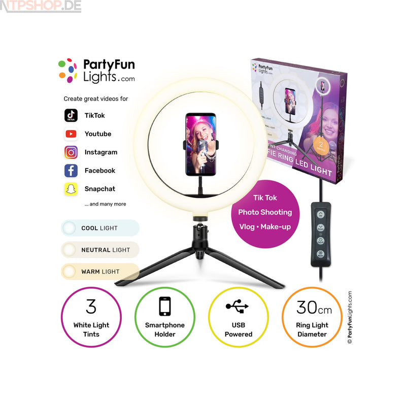 Laden Sie das Bild in Galerie -Viewer, PartyFunLights Selfie-Ring LED-Licht 30 cm - New-Tech-Products GmbH NTP NTPShop.de www.ntpshop.de www.new-tech-products.de all4living Onlineshop Online Store Gadgets Elektrogeräte