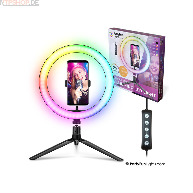 Laden Sie das Bild in Galerie -Viewer, PartyFunLights Mehrfarbige Selfie-Ring-LED-Leuchte 26 cm - Stativ - New-Tech-Products GmbH NTP NTPShop.de www.ntpshop.de www.new-tech-products.de all4living Onlineshop Online Store Gadgets Elektrogeräte