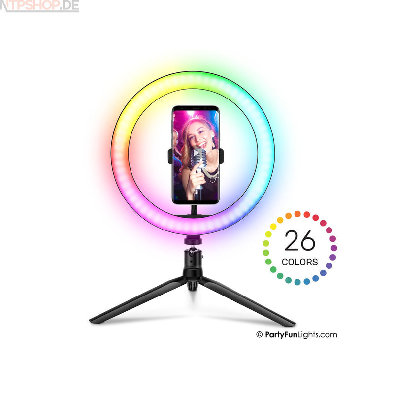 Laden Sie das Bild in Galerie -Viewer, PartyFunLights Mehrfarbige Selfie-Ring-LED-Leuchte 26 cm - Stativ - New-Tech-Products GmbH NTP NTPShop.de www.ntpshop.de www.new-tech-products.de all4living Onlineshop Online Store Gadgets Elektrogeräte