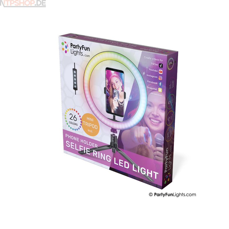 Laden Sie das Bild in Galerie -Viewer, PartyFunLights Mehrfarbige Selfie-Ring-LED-Leuchte 26 cm - Stativ - New-Tech-Products GmbH NTP NTPShop.de www.ntpshop.de www.new-tech-products.de all4living Onlineshop Online Store Gadgets Elektrogeräte