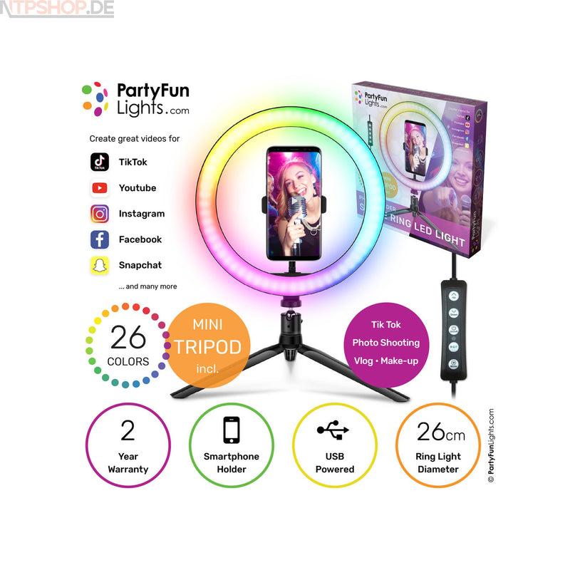 Laden Sie das Bild in Galerie -Viewer, PartyFunLights Mehrfarbige Selfie-Ring-LED-Leuchte 26 cm - Stativ - New-Tech-Products GmbH NTP NTPShop.de www.ntpshop.de www.new-tech-products.de all4living Onlineshop Online Store Gadgets Elektrogeräte