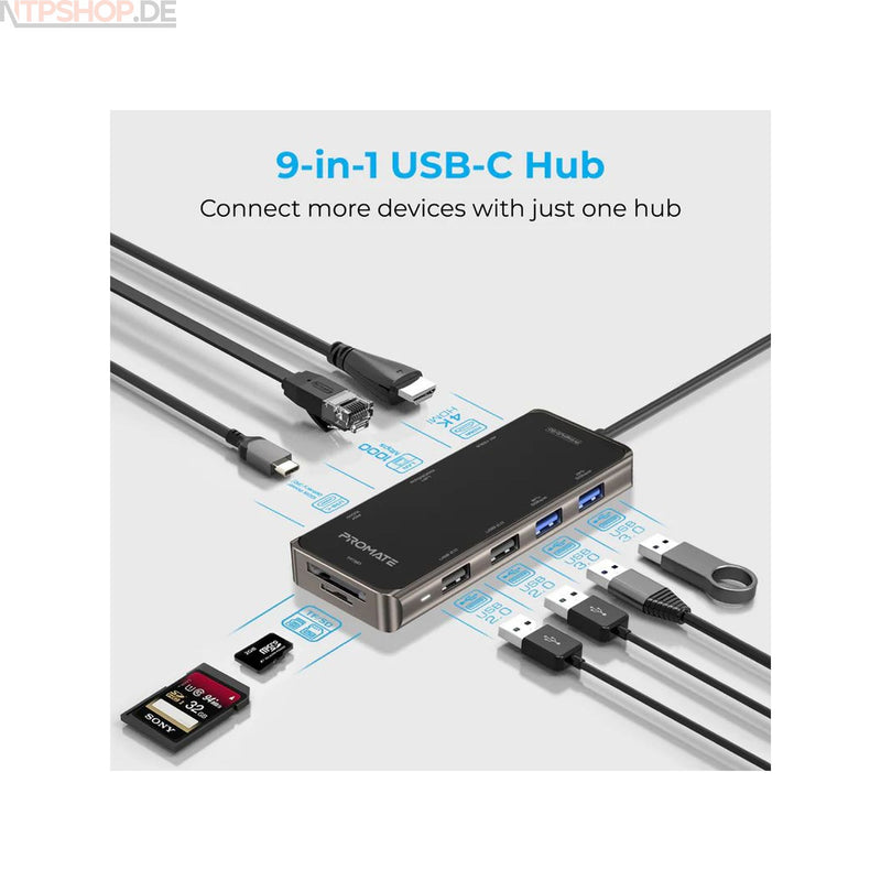 Laden Sie das Bild in Galerie -Viewer, Promate PrimeHub-Go Compact Multiport USB-C Hub mit 100W Power Delivery - New-Tech-Products GmbH NTP NTPShop.de www.ntpshop.de www.new-tech-products.de all4living Onlineshop Online Store Gadgets Elektrogeräte