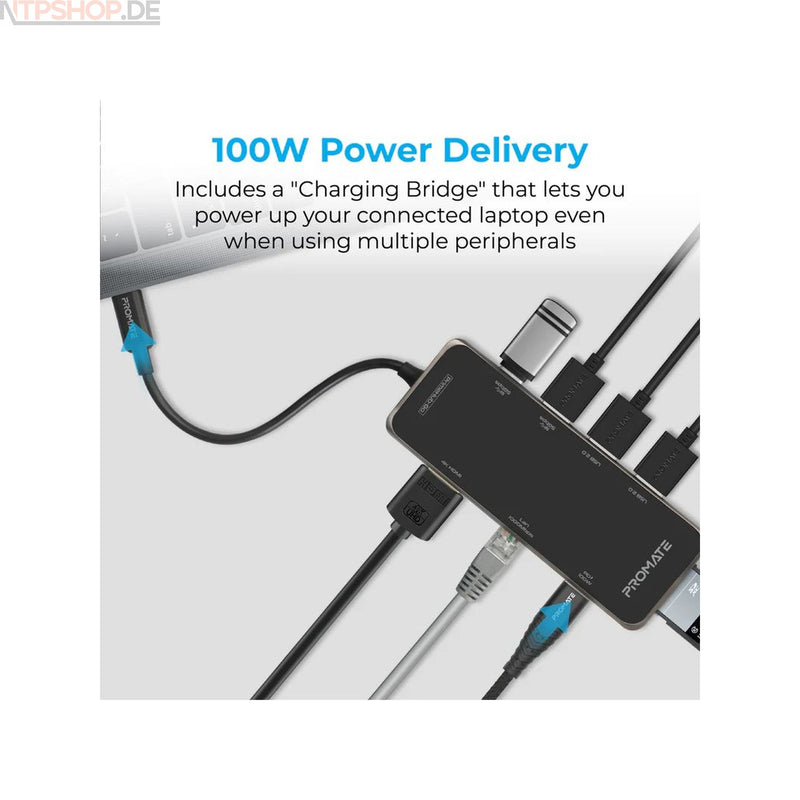 Laden Sie das Bild in Galerie -Viewer, Promate PrimeHub-Go Compact Multiport USB-C Hub mit 100W Power Delivery - New-Tech-Products GmbH NTP NTPShop.de www.ntpshop.de www.new-tech-products.de all4living Onlineshop Online Store Gadgets Elektrogeräte