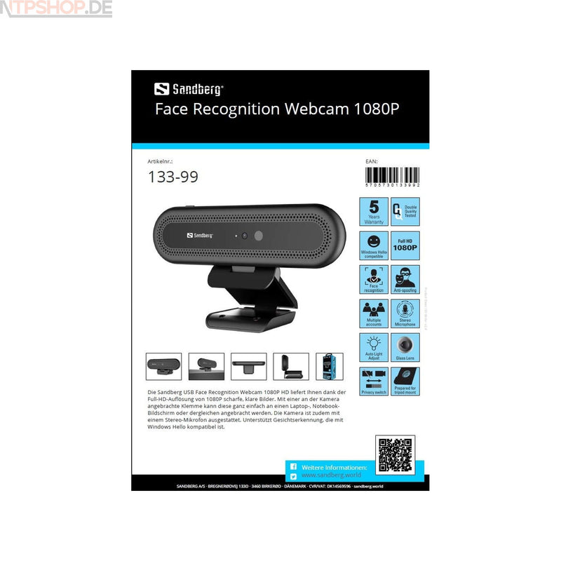 Laden Sie das Bild in Galerie -Viewer, Sandberg 133-99 USB Face Recognition Full HD-Webcam - New-Tech-Products GmbH NTP NTPShop.de www.ntpshop.de www.new-tech-products.de all4living Onlineshop Online Store Gadgets Elektrogeräte