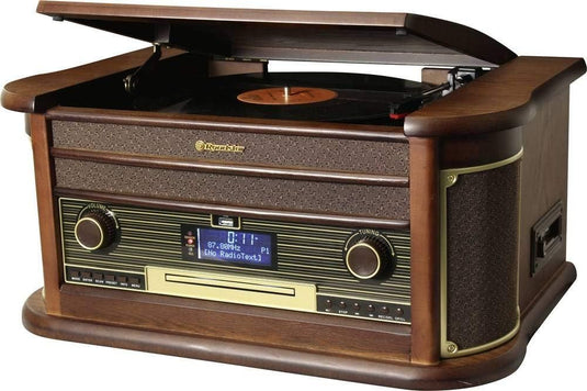 Roadstar HIF-1996 D+ BT, Vintage Vinyl Plattenspieler, DAB/DAB+/FM Radio, CD-MP3, USB, Kassette, Bluetooth - B-Ware (R1o)