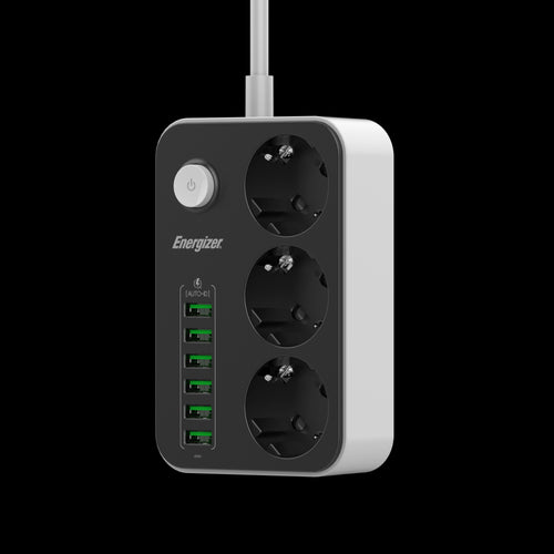 Energizer EPB2500W01EU - 3-fach-Wechselstrom- und 6-fach-USB-Steckdosenleiste mit Überspannungsschutz und 2 m langem Kabel