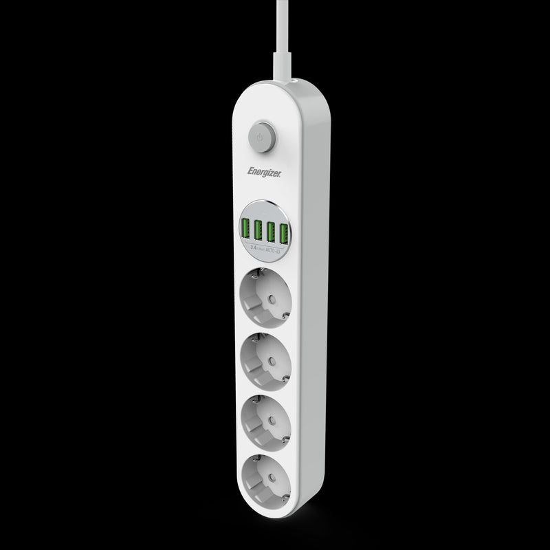 Laden Sie das Bild in Galerie -Viewer, Energizer EPB2500W00EU - 4-fach-Steckdosenleiste + 4 USB-Anschlüsse mit Überspannungsschutz und 2 m Kabel
