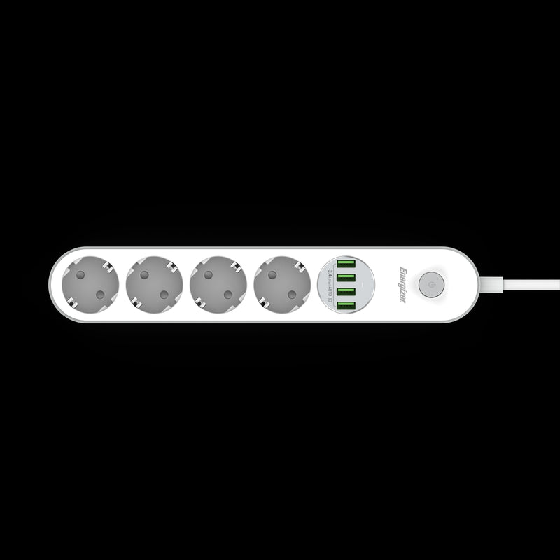 Laden Sie das Bild in Galerie -Viewer, Energizer EPB2500W00EU - 4-fach-Steckdosenleiste + 4 USB-Anschlüsse mit Überspannungsschutz und 2 m Kabel
