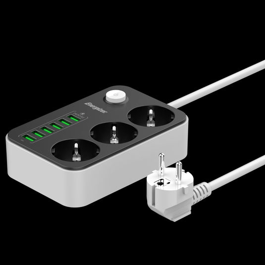 Energizer EPB2500W01EU - 3-fach-Wechselstrom- und 6-fach-USB-Steckdosenleiste mit Überspannungsschutz und 2 m langem Kabel