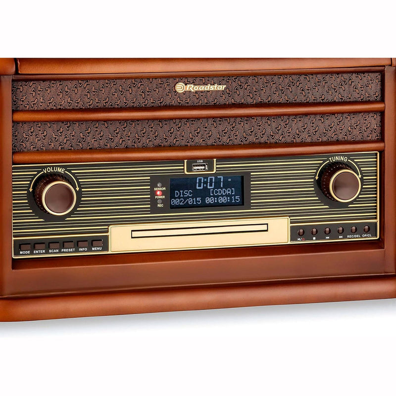 Laden Sie das Bild in Galerie -Viewer, Roadstar HIF-1996 D+ BT, Vintage Vinyl Plattenspieler, DAB/DAB+/FM Radio, CD-MP3, USB, Kassette, Bluetooth - B-Ware (R1o)
