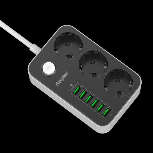Energizer EPB2500W01EU - 3-fach-Wechselstrom- und 6-fach-USB-Steckdosenleiste mit Überspannungsschutz und 2 m langem Kabel
