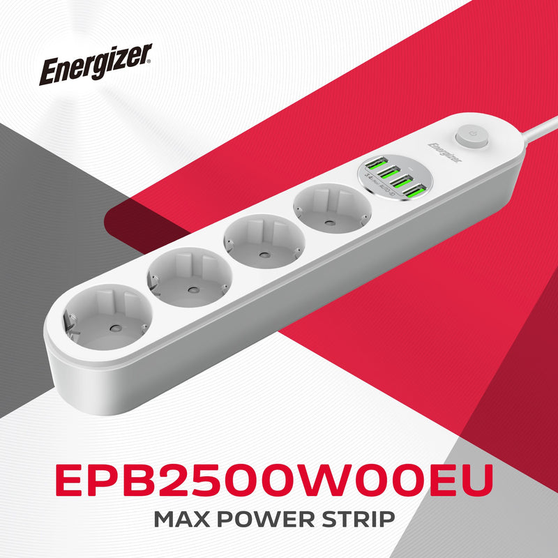 Laden Sie das Bild in Galerie -Viewer, Energizer EPB2500W00EU - 4-fach-Steckdosenleiste + 4 USB-Anschlüsse mit Überspannungsschutz und 2 m Kabel
