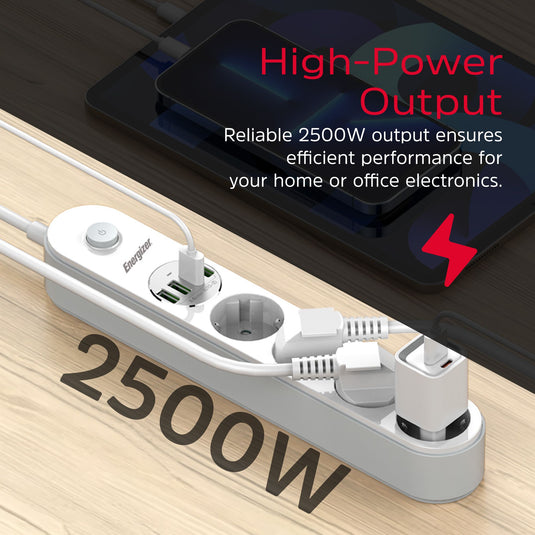 Energizer EPB2500W00EU - 4-fach-Steckdosenleiste + 4 USB-Anschlüsse mit Überspannungsschutz und 2 m Kabel