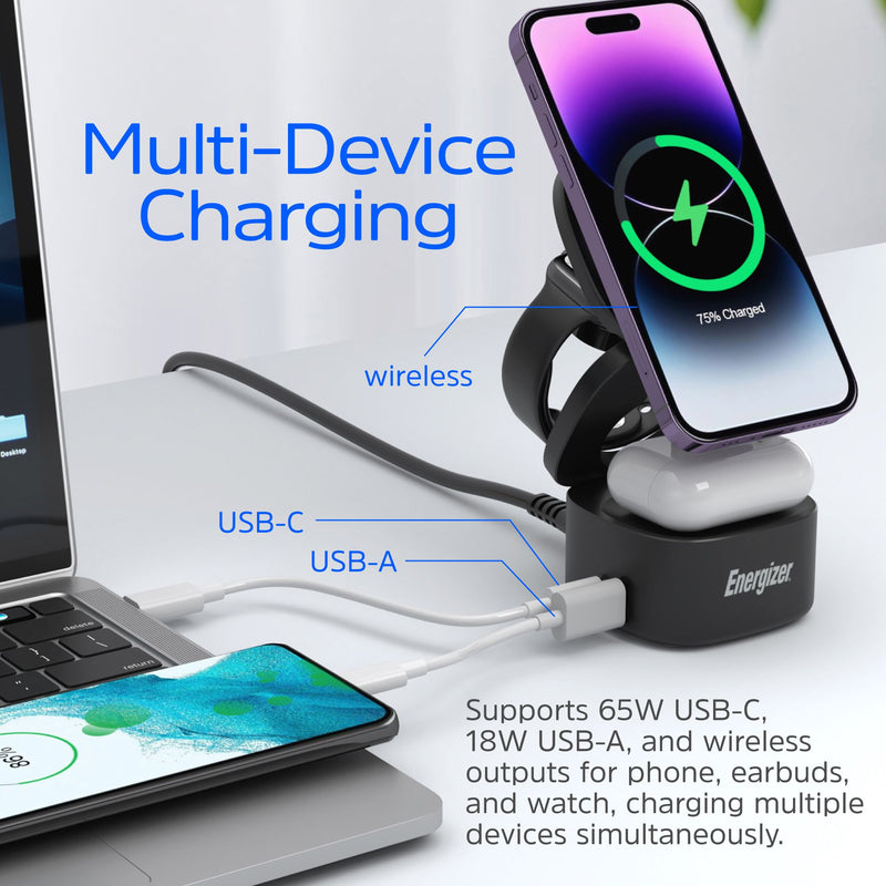 Laden Sie das Bild in Galerie -Viewer, Energizer WCP311 - 3-in-1-Wireless-Ladestation mit 65 W USB-C PD und klappbarem Design
