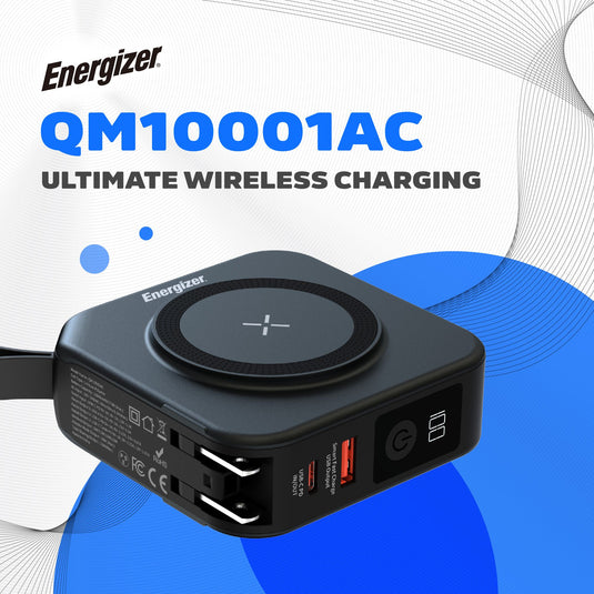 Energizer QM10001AC - 10K magnetische kabellose Powerbank mit 20 W PD, integriertem Netzstecker und 4 Ausgängen