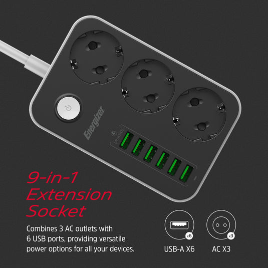 Energizer EPB2500W01EU - 3-fach-Wechselstrom- und 6-fach-USB-Steckdosenleiste mit Überspannungsschutz und 2 m langem Kabel
