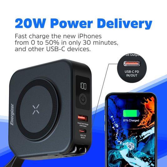 Energizer QM10001AC - 10K magnetische kabellose Powerbank mit 20 W PD, integriertem Netzstecker und 4 Ausgängen