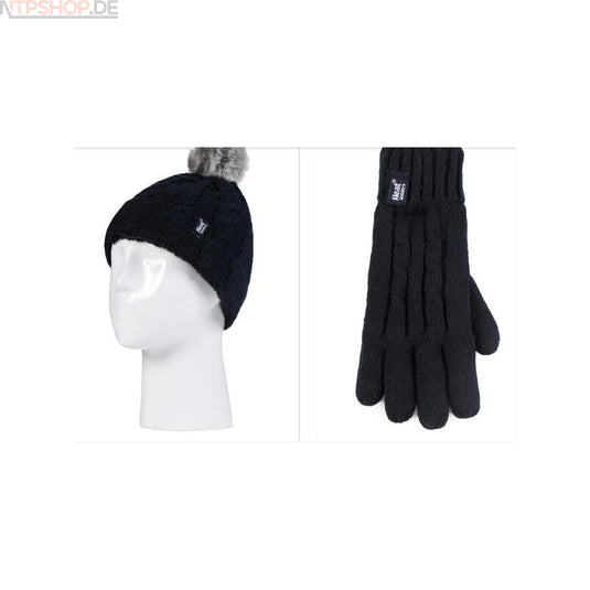 Heat Holders Kinder Mütze mit Bommel und Handschuhe schwarz Winter warm Thermo