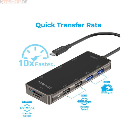 Promate PrimeHub-Go Compact Multiport USB-C Hub mit 100W Power Delivery - New-Tech-Products GmbH NTP NTPShop.de www.ntpshop.de www.new-tech-products.de all4living Onlineshop Online Store Gadgets Elektrogeräte
