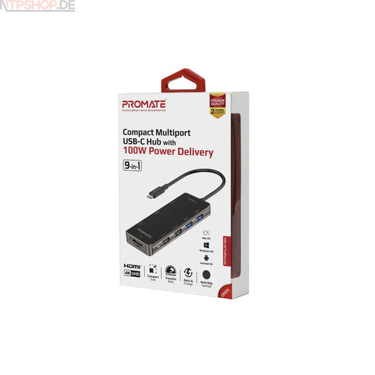 Promate PrimeHub-Go Compact Multiport USB-C Hub mit 100W Power Delivery - New-Tech-Products GmbH NTP NTPShop.de www.ntpshop.de www.new-tech-products.de all4living Onlineshop Online Store Gadgets Elektrogeräte