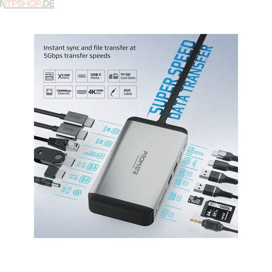Promate VersaHub-MST 13-in-1 MacBook Docking station with 150W Power Adapter & 4K@60Hz MST Dual Display - New-Tech-Products GmbH NTP NTPShop.de www.ntpshop.de www.new-tech-products.de all4living Onlineshop Online Store Gadgets Elektrogeräte