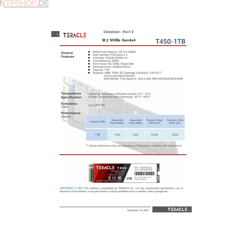 Laden Sie das Bild in Galerie -Viewer, Teracle T450 M.2 2280 NVMe Interne SSD - PCIe Gen4 x4, High-Performance 7400 MB/s Lesen, 6400 MB/s Schreiben, PC/Laptop/PS5/Xbox Gaming
