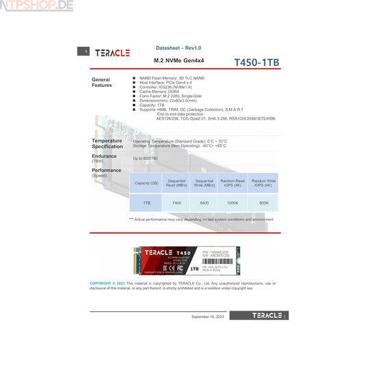 Teracle T450 M.2 2280 NVMe Interne SSD - PCIe Gen4 x4, High-Performance 7400 MB/s Lesen, 6400 MB/s Schreiben, PC/Laptop/PS5/Xbox Gaming